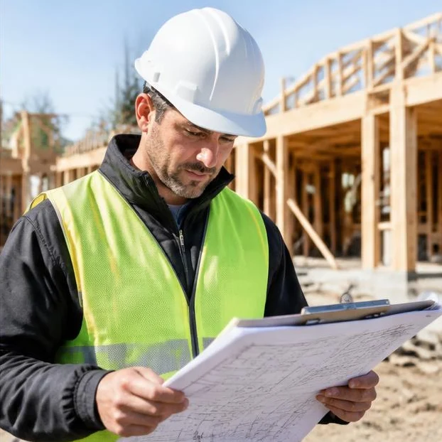 General contractor reviewing project blueprints during a pre-construction site visit.
